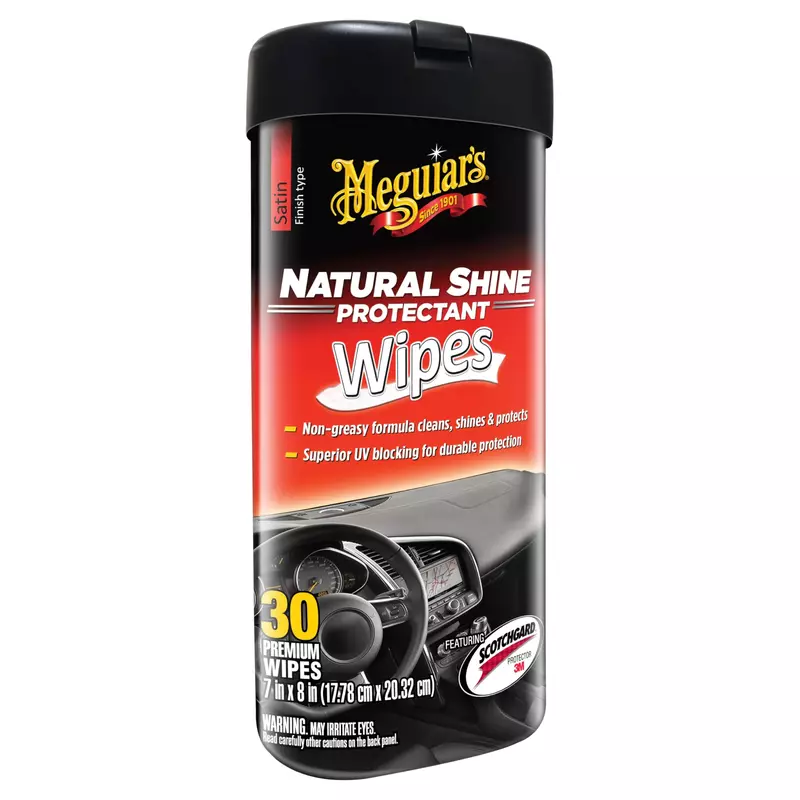 Meguiar's Natural Shine Protectant Wipes - 30 Full Size Car Care Wipes Clean and Protect Vinyl, Rubber, and Plastic Surfaces - Streak-Free Wipes with UV Protection and Leave a Satin, Non-Greasy Shine