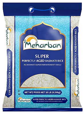 10lb bag of Meharban Super Aged Basmati Rice with extra-long, non-sticky grains.