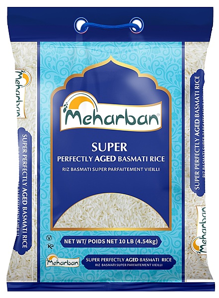 10lb bag of Meharban Super Aged Basmati Rice with extra-long, non-sticky grains.