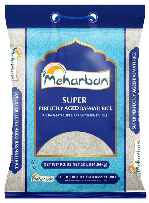 10lb bag of Meharban Super Aged Basmati Rice with extra-long, non-sticky grains.