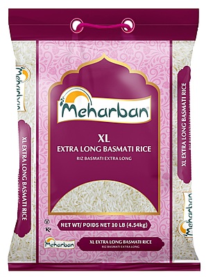10lb bag of Meharban XL Extra Long Basmati Rice, known for slender, aromatic grains.
