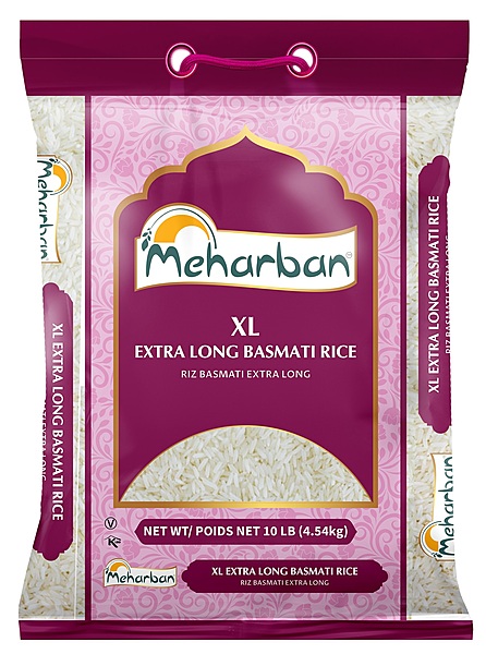 10lb bag of Meharban XL Extra Long Basmati Rice, known for slender, aromatic grains.