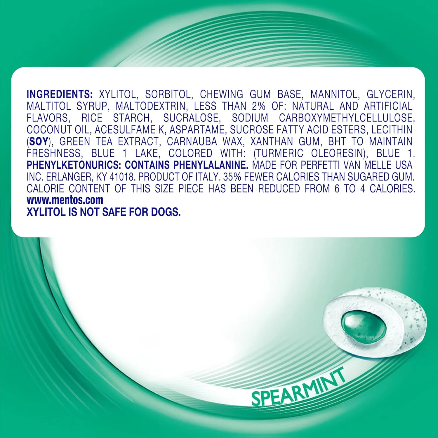Mentos Pure Fresh Sugar-Free Chewing Gum with Xylitol, Spearmint, 50 Piece Bottle (Bulk Pack of 4) Spearmint 50 Count (Pack