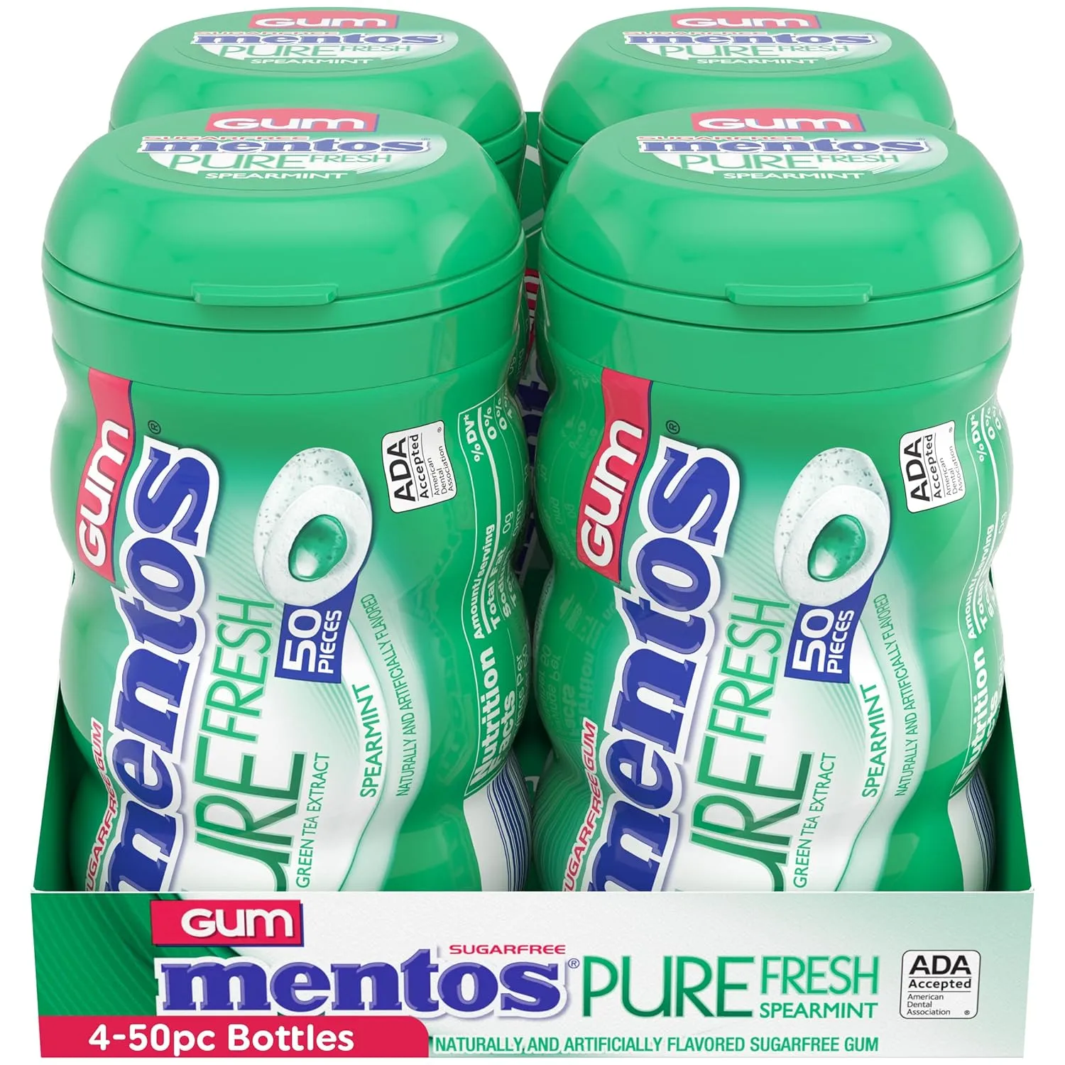 Mentos Pure Fresh Sugar-Free Chewing Gum with Xylitol, Spearmint, 50 Piece Bottle (Bulk Pack of 4) Spearmint 50 Count (Pack
