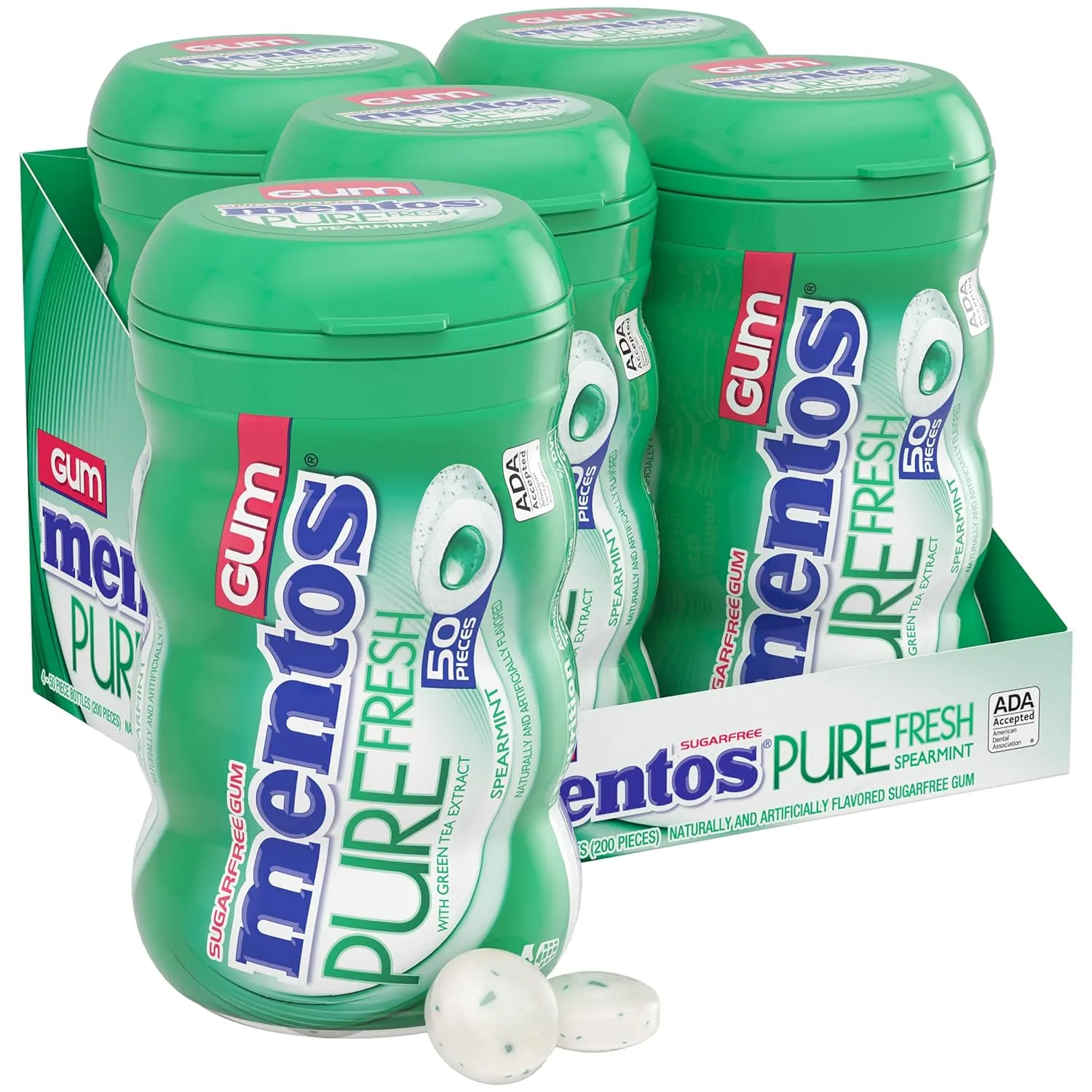 Mentos Pure Fresh Sugar-Free Chewing Gum with Xylitol, Spearmint, 50 Piece Bottle (Bulk Pack of 4) Spearmint 50 Count (Pack