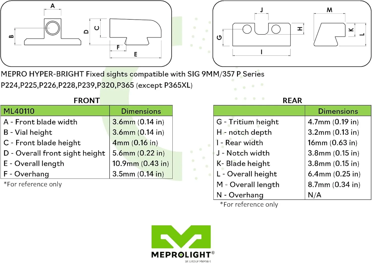 MEPROLIGHT Hyper-Bright Tritium Day/Night Pistol Sight Set