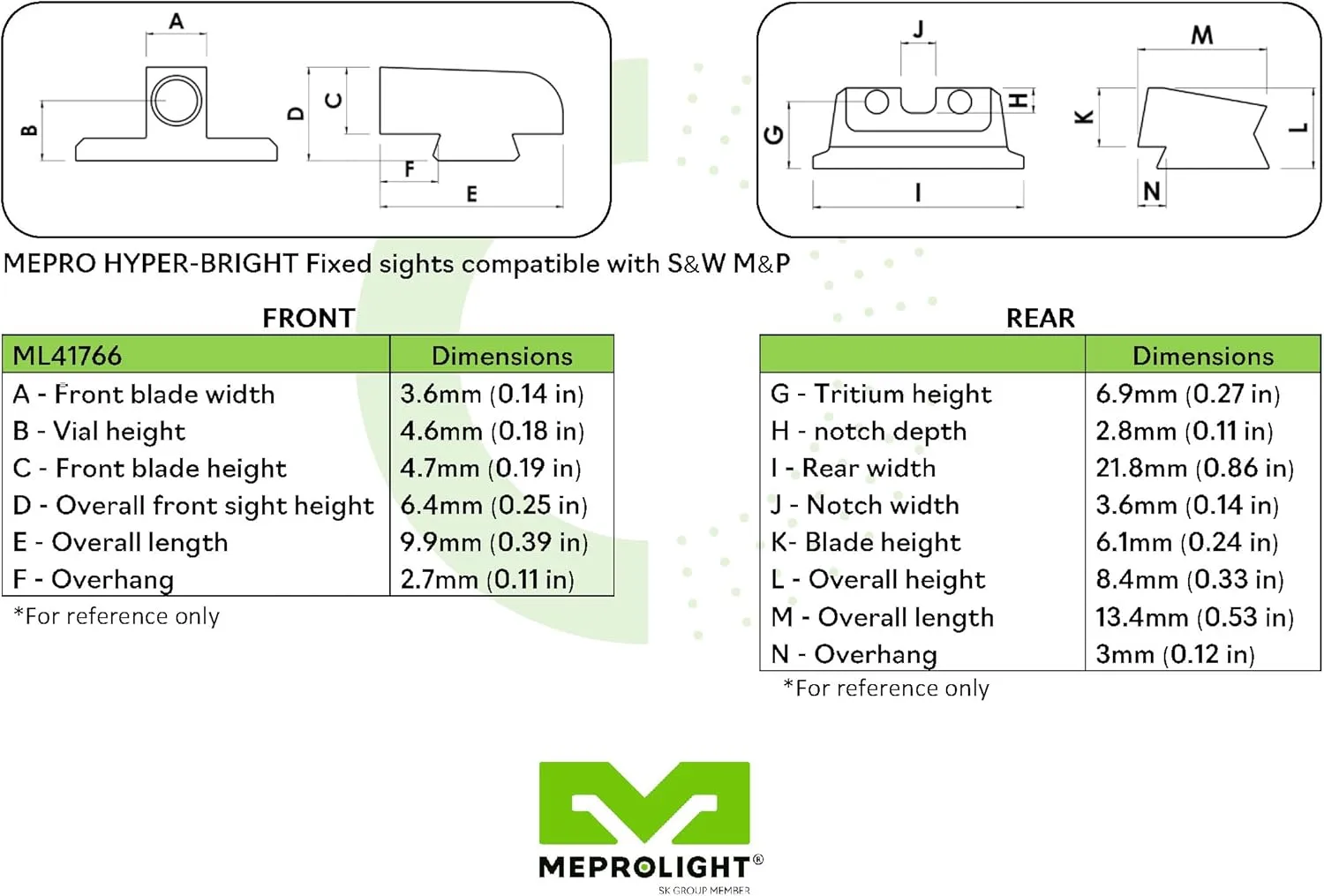 MEPROLIGHT Hyper-Bright Tritium Day/Night Pistol Sight Set