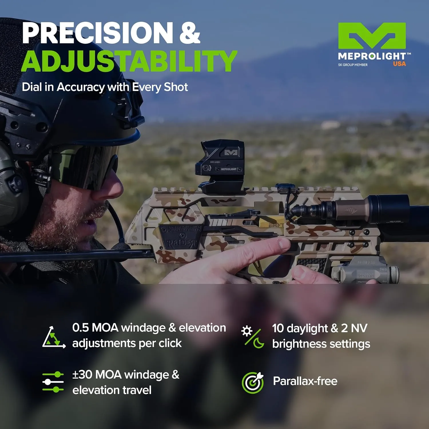 Meprolight MCO PRO 2/68 MOA Reflex Sight, 10 Day/2 NV Brightness, Shake Awake, IP67 Waterproof, 25,000+ Hour Battery