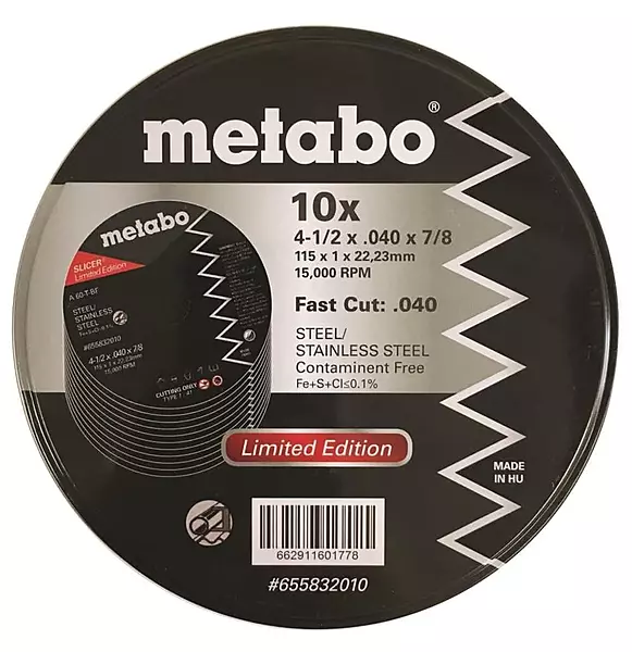 Metabo - Application: Steel/Stainless Steel - Slicer Wheel Promo Tin, 4.5" X.040x7/8 A60T, Pk 10 (655832010)