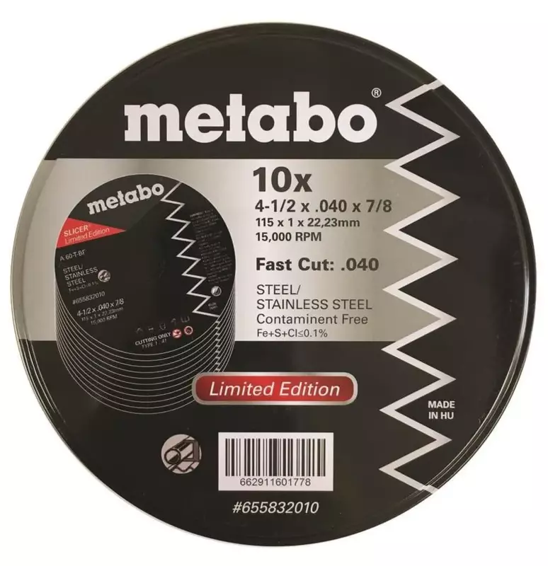 Metabo - Application: Steel/Stainless Steel - Slicer Wheel Promo Tin, 4.5" X.040x7/8 A60T, Pk 10 (655832010)