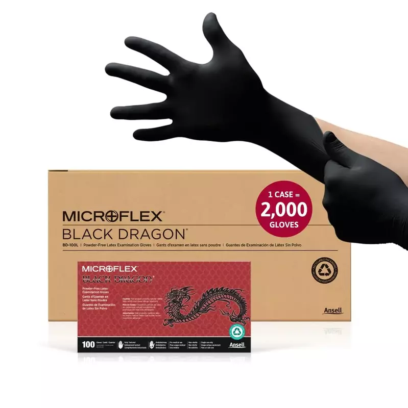 Ansell MICROFLEX Black Dragon BD-100L Heavy Duty 6.7 mil Latex Exam Gloves for Automotive, Food, Life Sciences, Healthcare