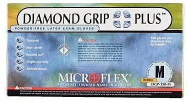 Series Microflex Diamond Grip Plus Disposable Gloves: Size Large, 5.1 mil, Uncoated-Coated Latex, Medical Grade, Unpowdered