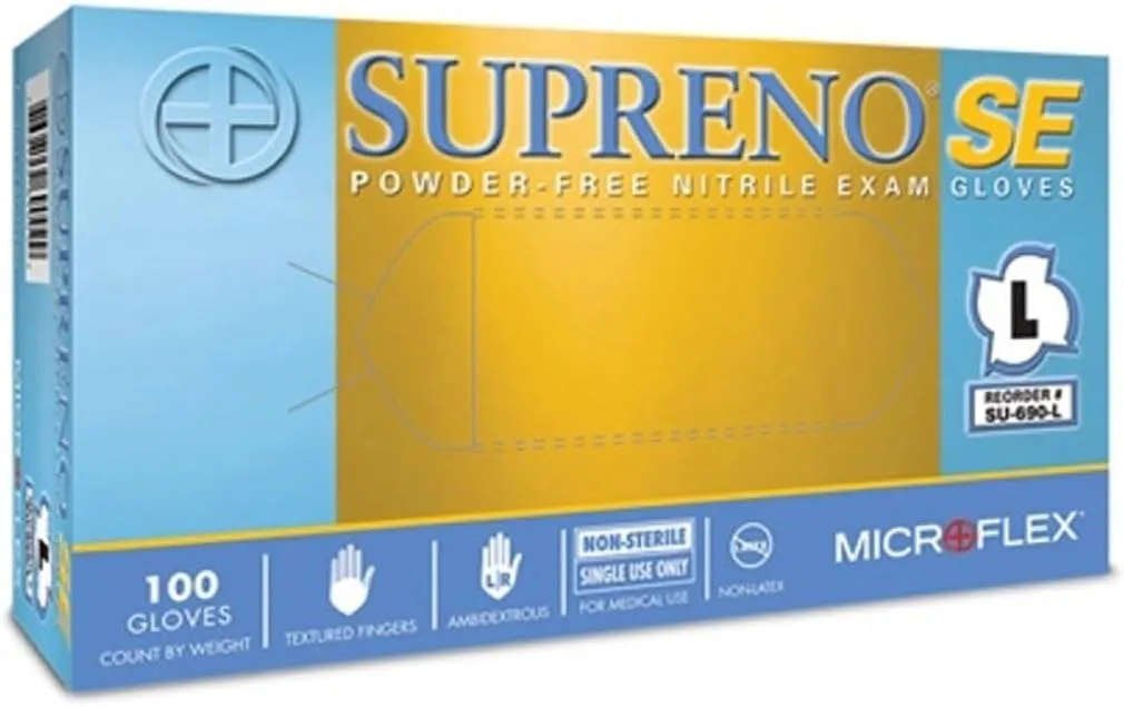 Series Microflex Supreno Disposable Gloves: Size Large, 4.3 mil, Uncoated-Coated Nitrile, Medical Grade, Unpowdered