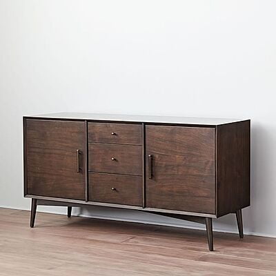 Mid-Century Modern Dark Wood Sideboard with Drawers & Cabinets
