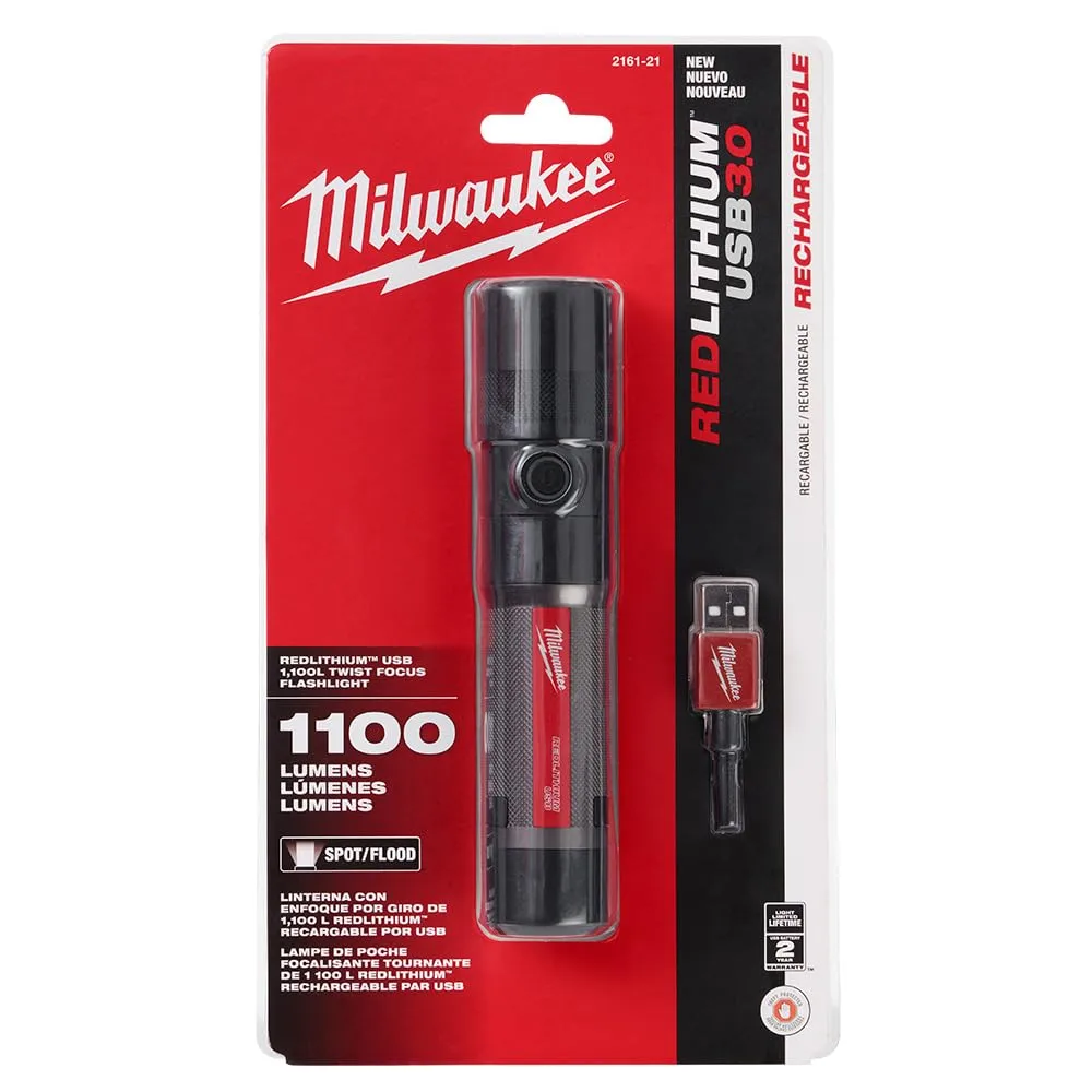 Milwaukee Rechargeable 1100 Lumen LED Flashlight, Battery Powered, Twist Focus