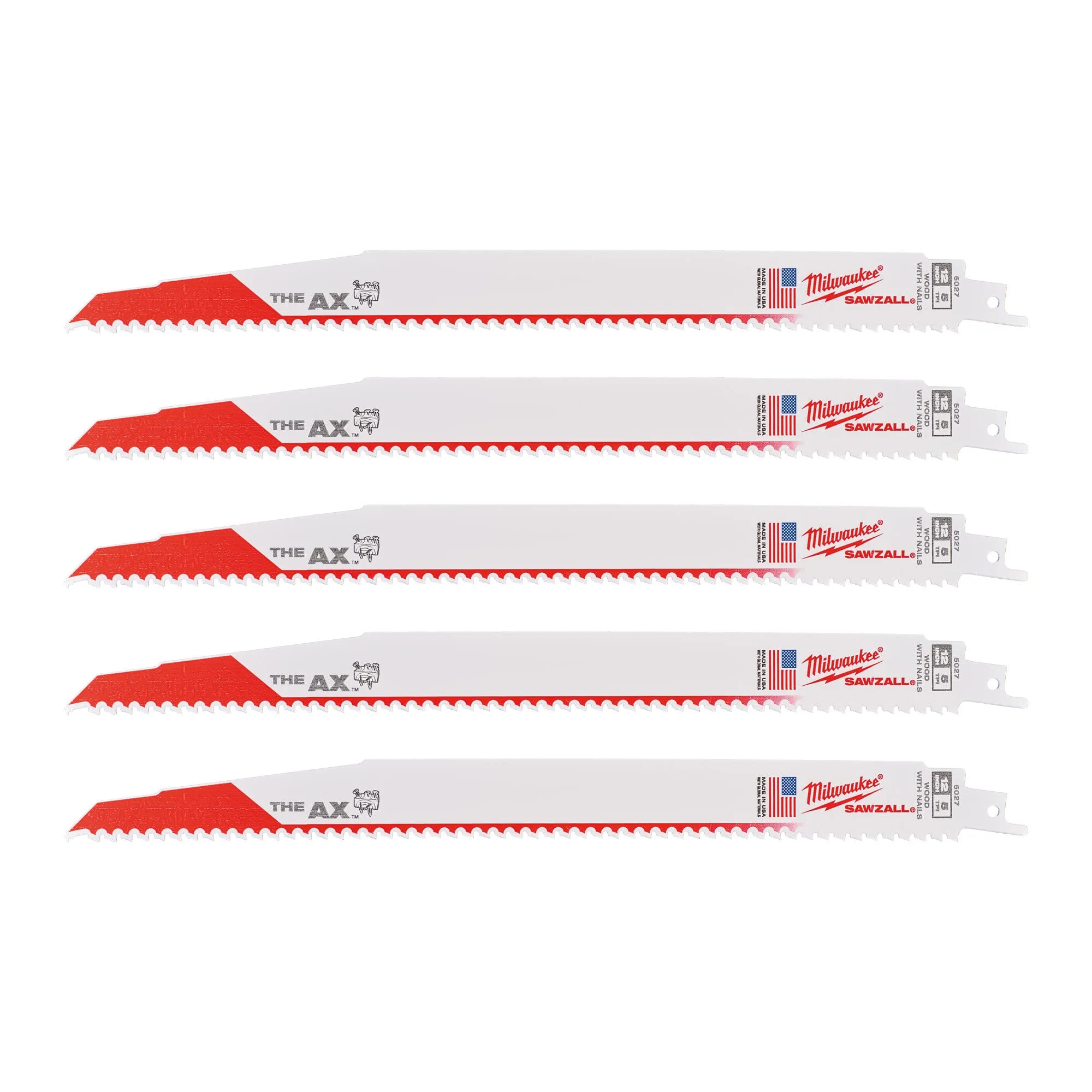 Milwaukee 48-00-5027 The AX 12-Inch, Bi-Metal Wood Demolition Reciprocating 5/8 TPI Super Sawzall Blade, 5-Pack