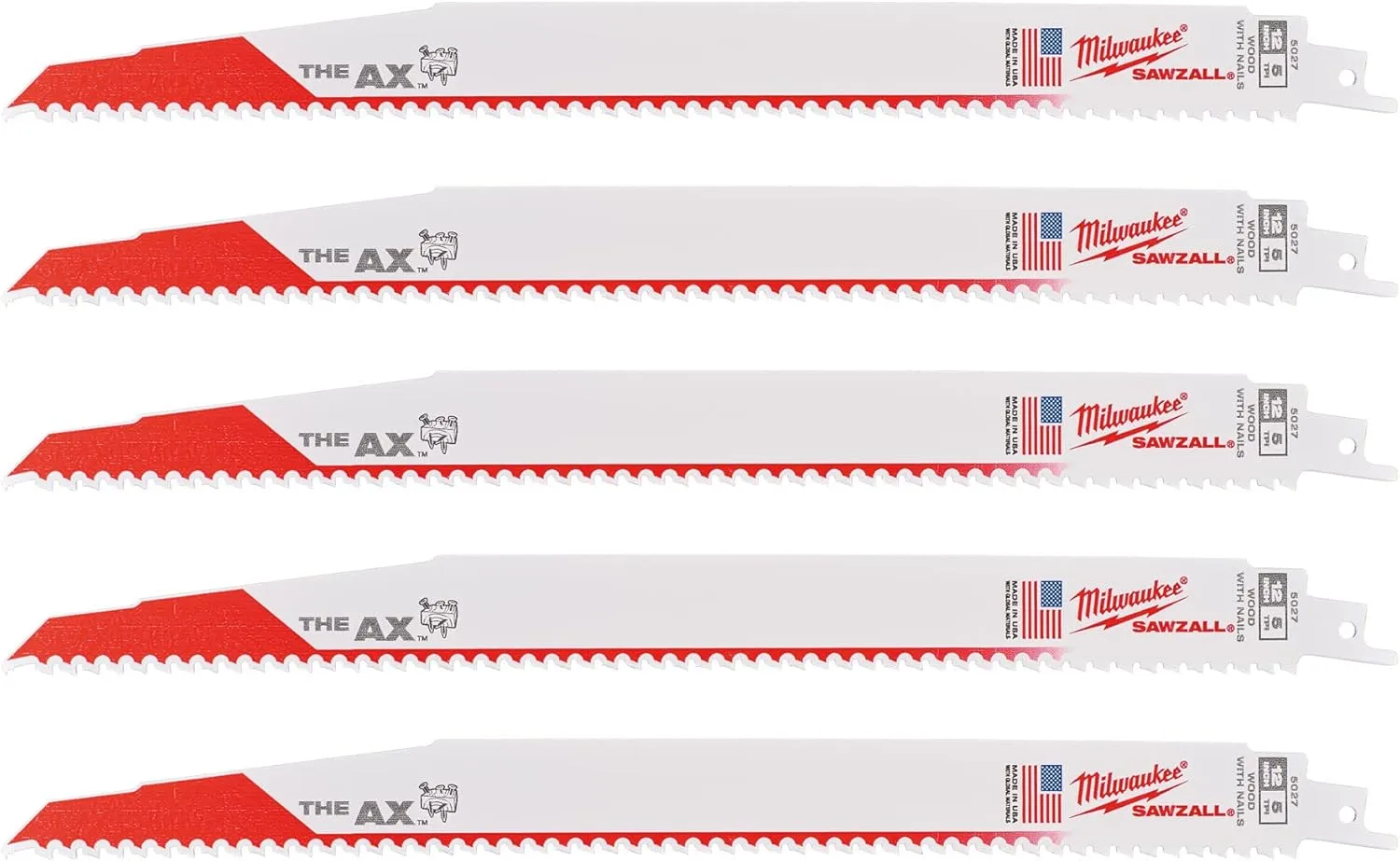Milwaukee 48-00-5027 The AX 12-Inch, Bi-Metal Wood Demolition Reciprocating 5/8 TPI Super Sawzall Blade, 5-Pack