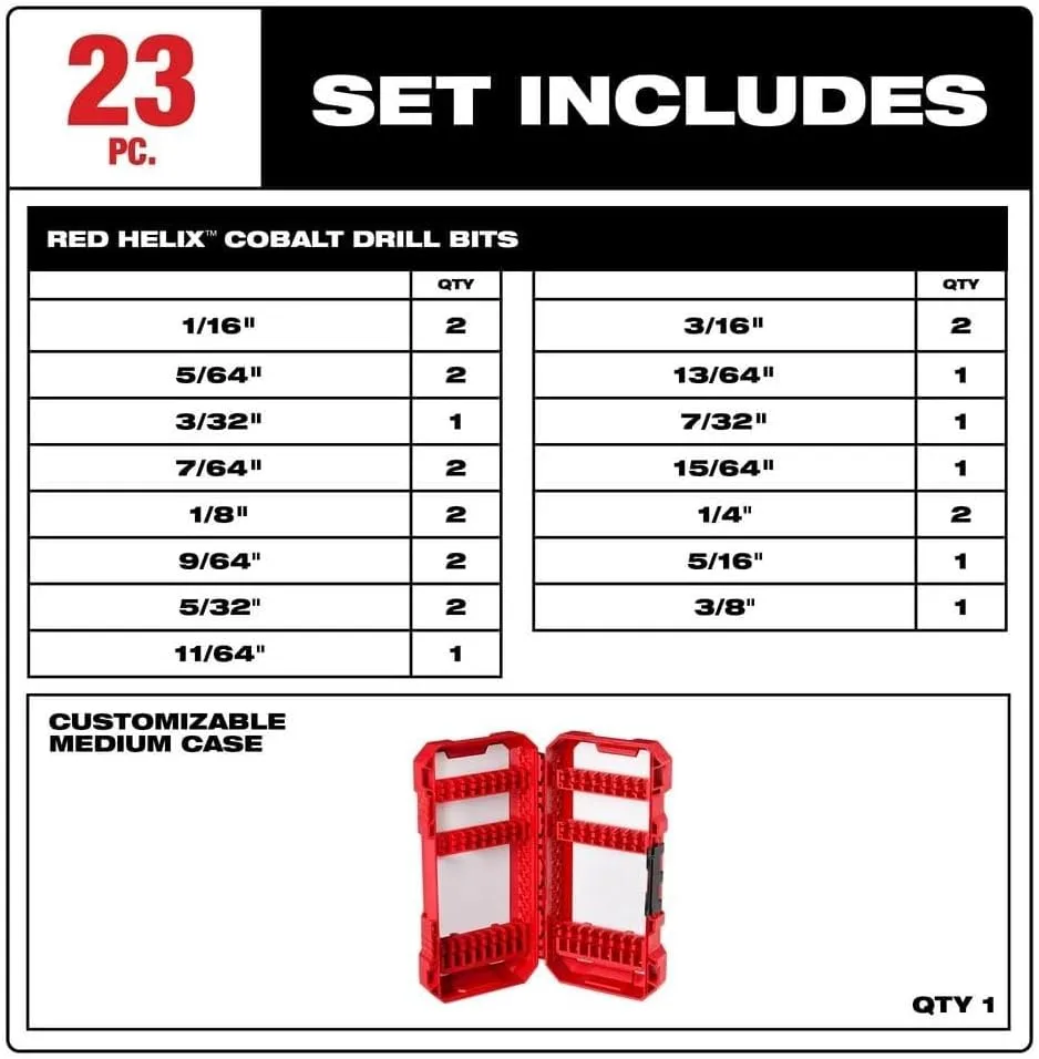 Milwaukee Electric - 23 PC RED Helix Cobalt Twist Drill Bit Set, 135°