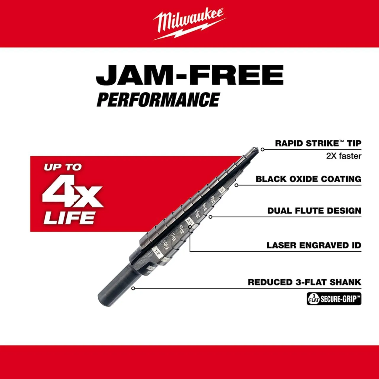 Milwaukee 48-89-9201 Step Drill Bit, 1/8"–1/2", 1/4" Shank, High-Speed Steel