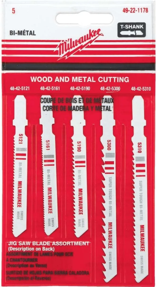 Milwaukee 49-22-1178 T-Shank Metal/Wood Cutting Jig Saw Blade Assortment, 5-Pack
