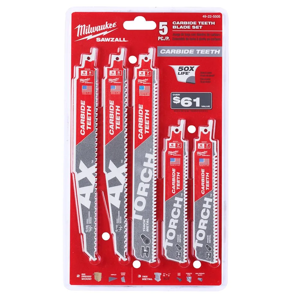 Milwaukee 5-Piece Carbide Teeth SAWZALL Reciprocating Saw Blade Set