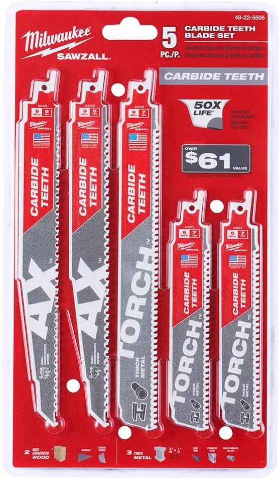 Milwaukee 5-Piece Carbide Teeth SAWZALL Reciprocating Saw Blade Set
