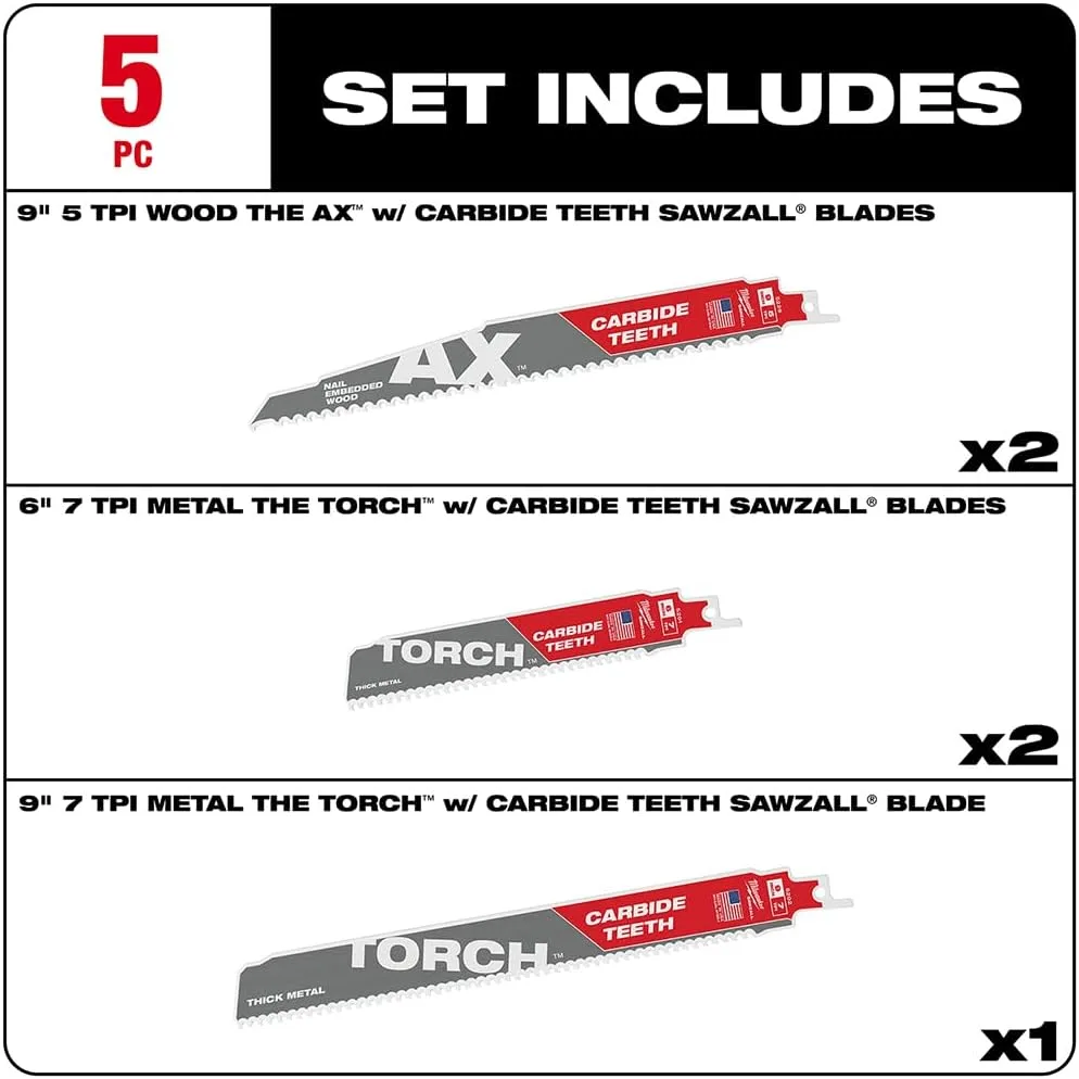 Milwaukee 5-Piece Carbide Teeth SAWZALL Reciprocating Saw Blade Set