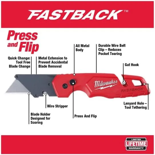 Milwaukee 48-22-1901 Fastback Press and Flip Utility Knife with Belt Clip and Onboard Wire Stripping