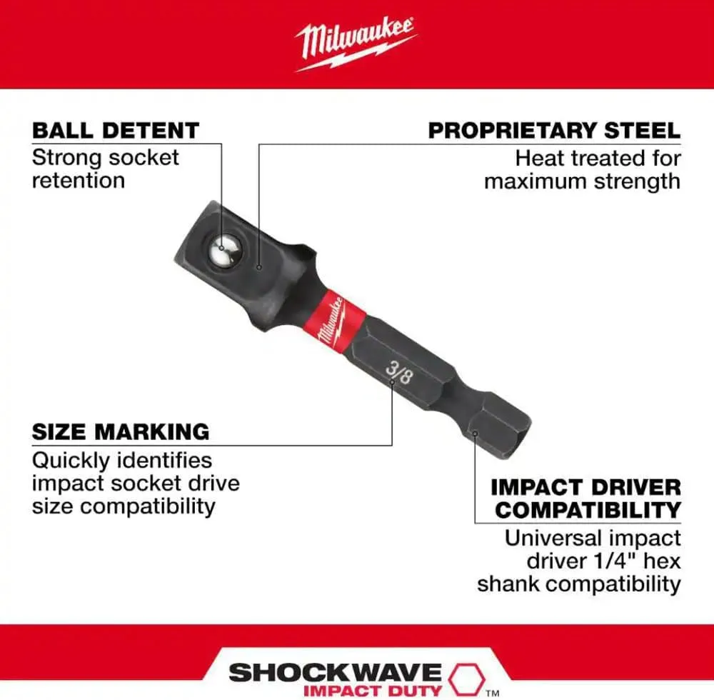 Milwaukee 48-32-5031 Shockwave Steel Impact Duty 1/4 Inch Hex Shank to 3/8 Inch Square Socket Adapter