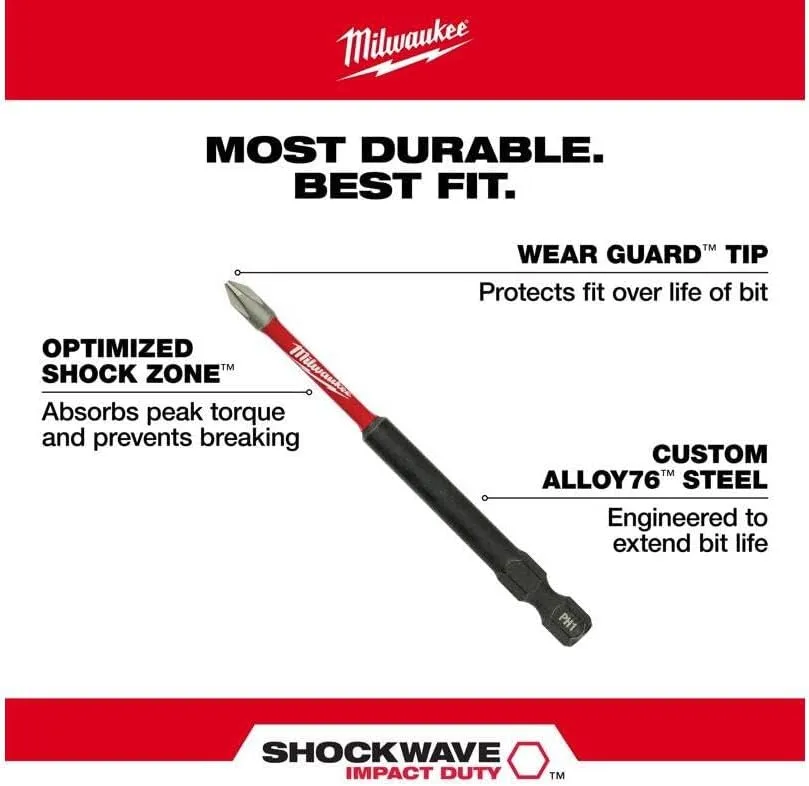 MILWAUKEE ELECTRIC TOOL 48-32-4564 Shockwave 3-1/2" Power Bit Phillips #2 5 Pack