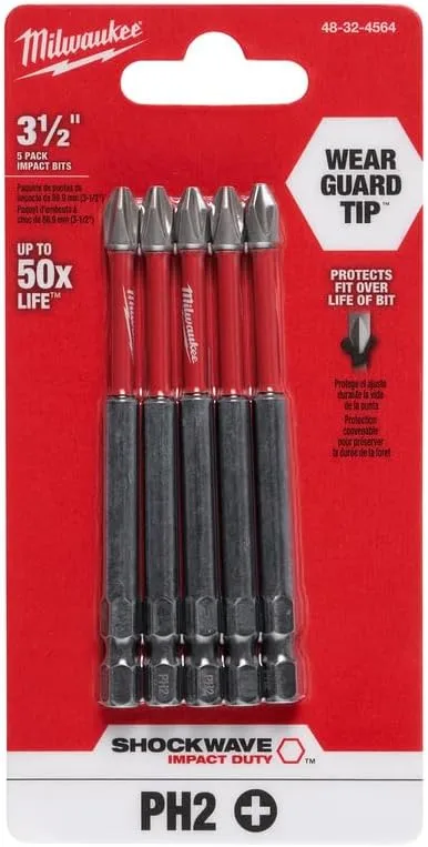 MILWAUKEE ELECTRIC TOOL 48-32-4564 Shockwave 3-1/2" Power Bit Phillips #2 5 Pack