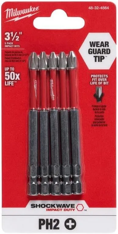 MILWAUKEE ELECTRIC TOOL 48-32-4564 Shockwave 3-1/2" Power Bit Phillips #2 5 Pack