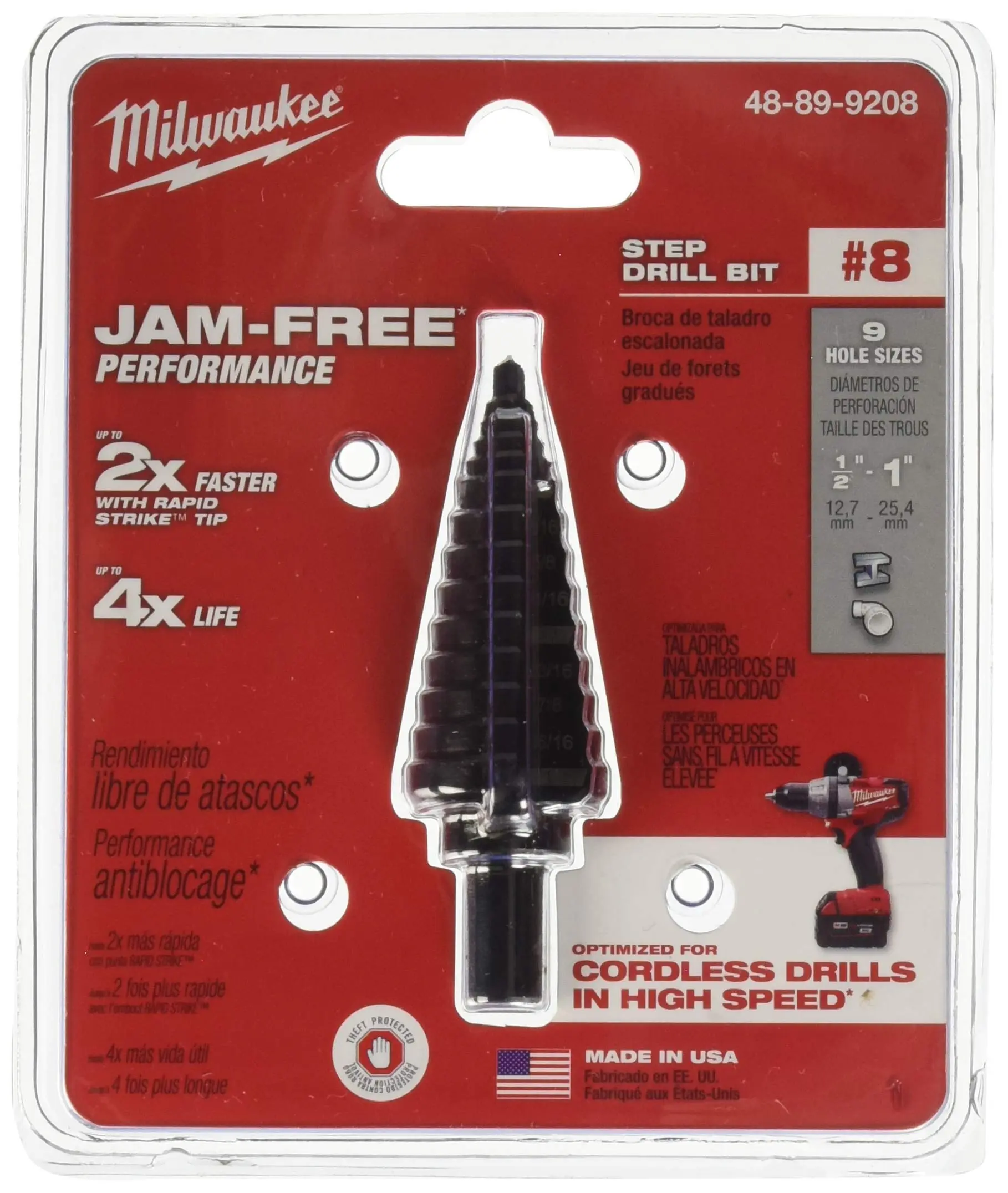 Step Drill Bit: 1/2 in to 1 in Hole Dia, 3/8 in Shank, HSS, 9 Sizes - MILWAUKEE