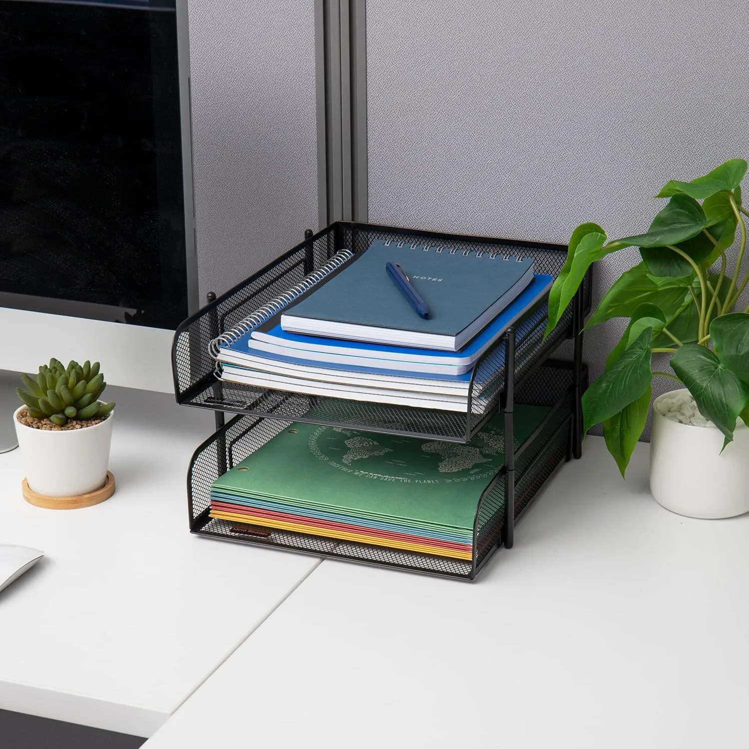 Mind Reader Paper Tray, Desk Organizer, Stackable, Storage, Office, Metal Mesh, 10.5" L x 13.25" W x 7.5" H, Set of 2, Black