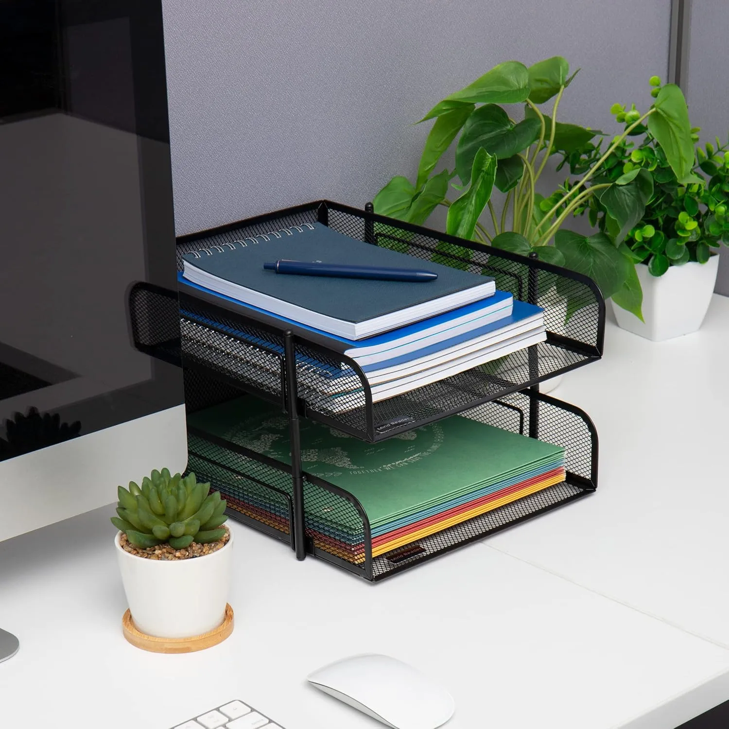 Mind Reader Paper Tray, Desk Organizer, Stackable, Storage, Office, Metal Mesh, 10.5" L x 13.25" W x 7.5" H, Set of 2, Black