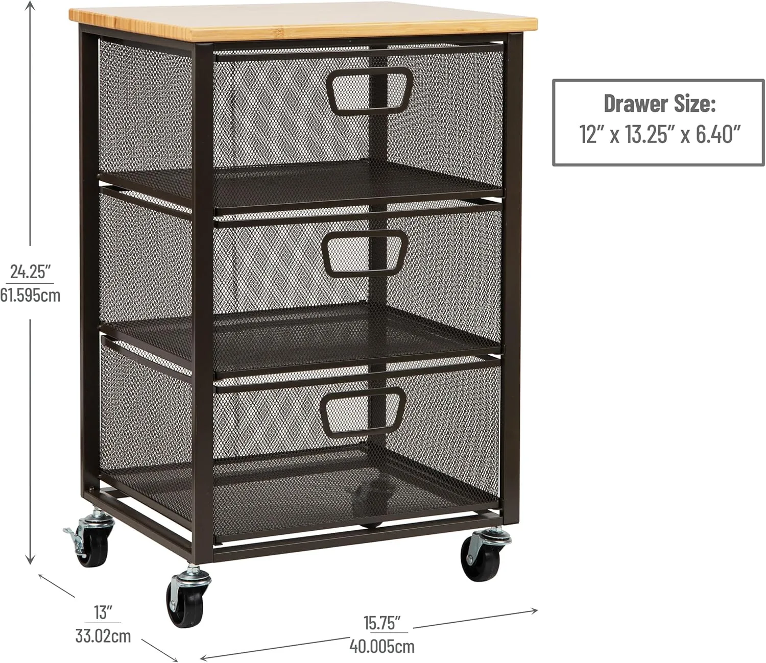 Mind Reader Cart with Drawers, Office Organizer, Storage, Bathroom, Metal Mesh, 15.75"L x 13"W x 24.25"H