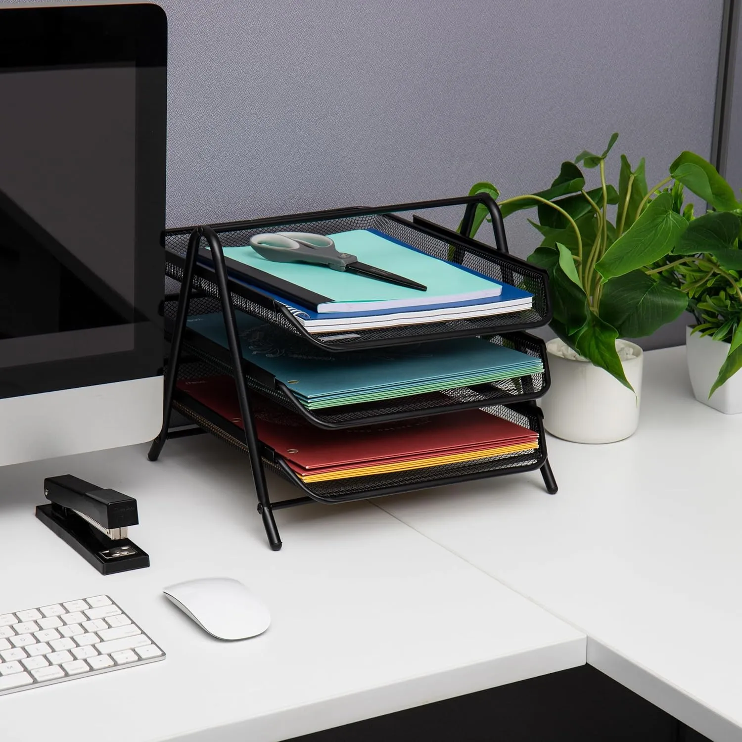 Mind Reader 3-Tier Paper Tray, Desktop Organizer, File Storage, Workspace, Office, Metal Mesh, 11.75"L x 13.75"W x 10"H