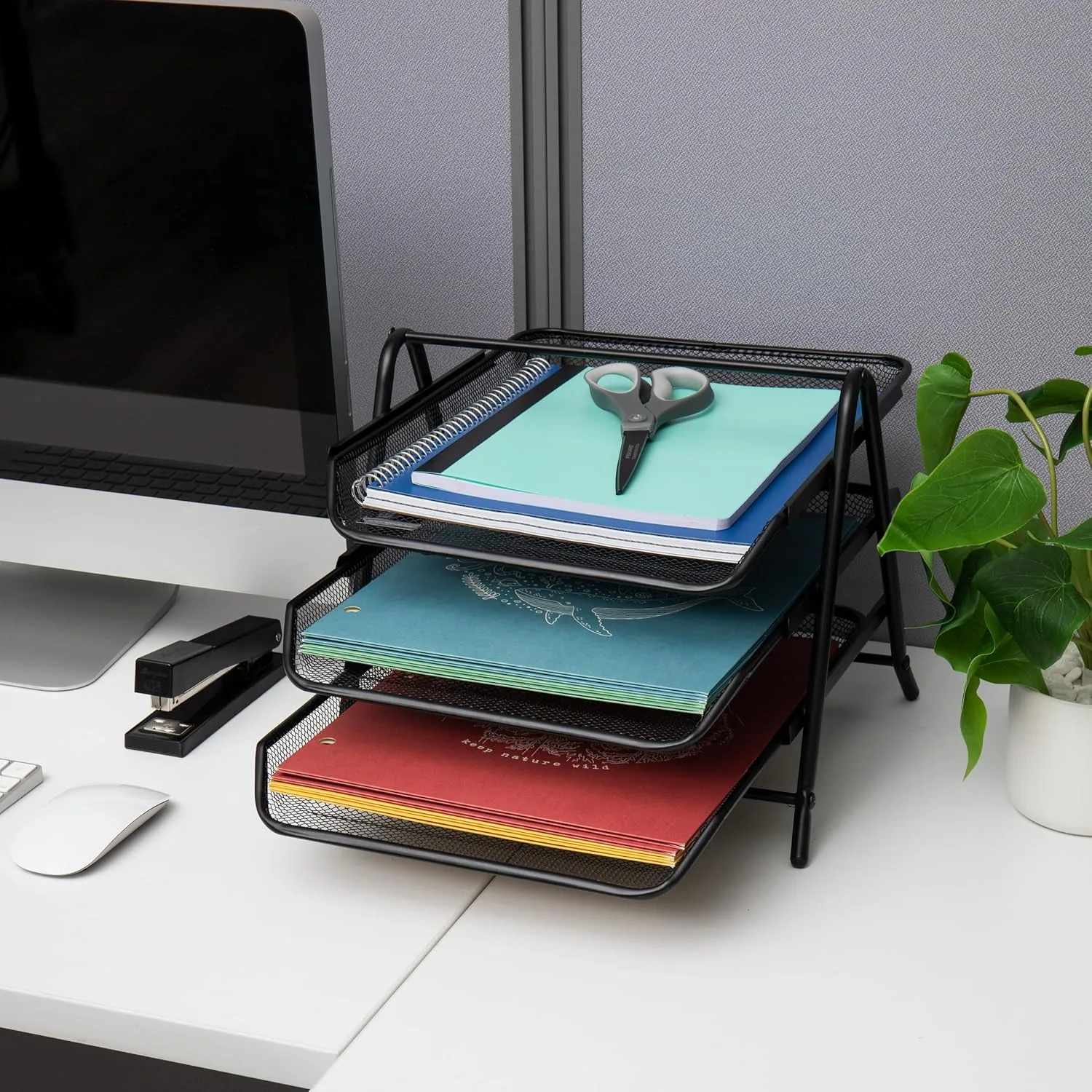 Mind Reader 3-Tier Paper Tray, Desktop Organizer, File Storage, Workspace, Office, Metal Mesh, 11.75"L x 13.75"W x 10"H