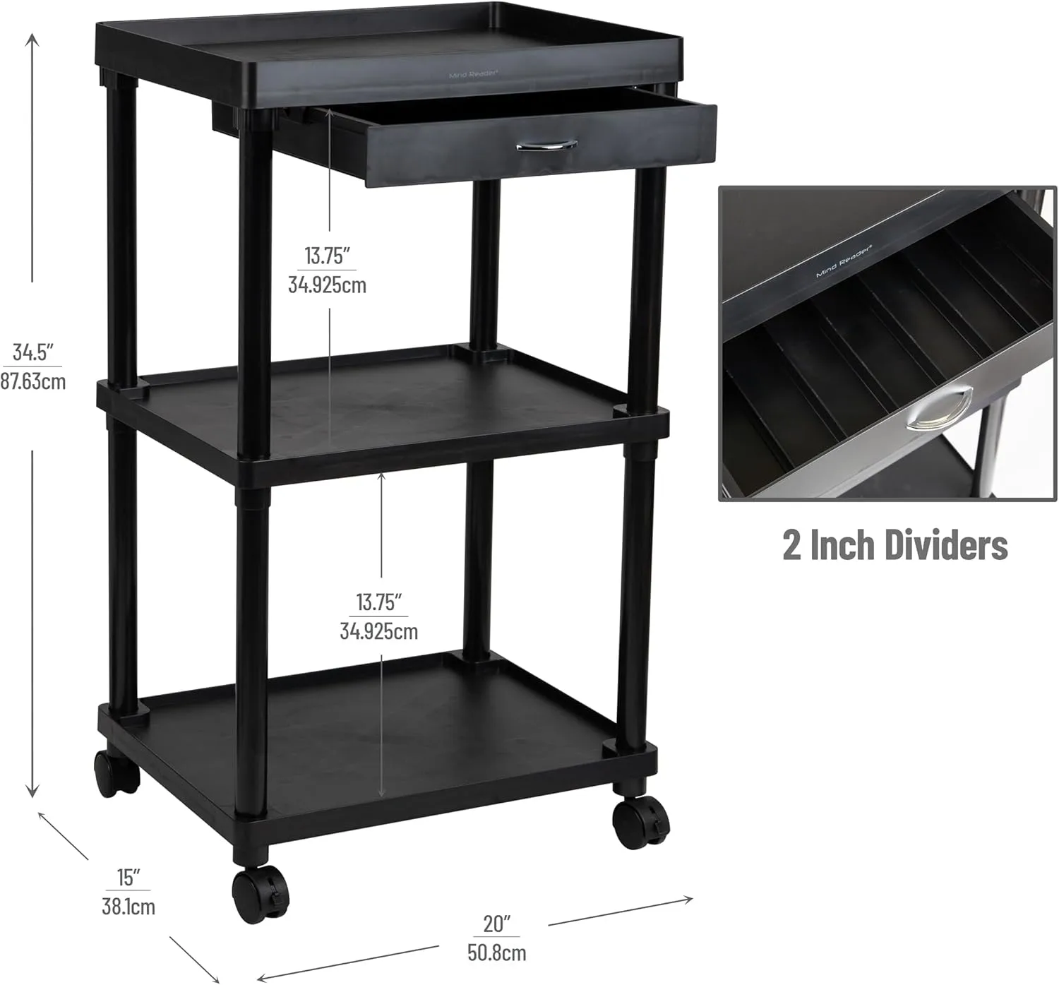Mind Reader Bar Cart, Rolling, Utility Cart, 3-Tier, Coffee Cart, Bathroom, Kitchen, Plastic, 20"L x 15"W x 34.5"H, Black