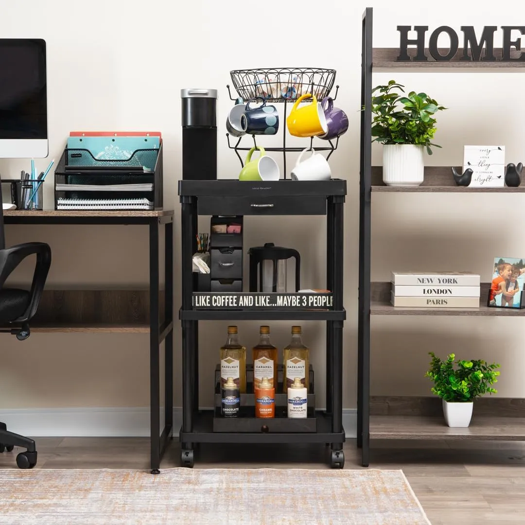 Mind Reader Bar Cart, Rolling, Utility Cart, 3-Tier, Coffee Cart, Bathroom, Kitchen, Plastic, 20"L x 15"W x 34.5"H, Black