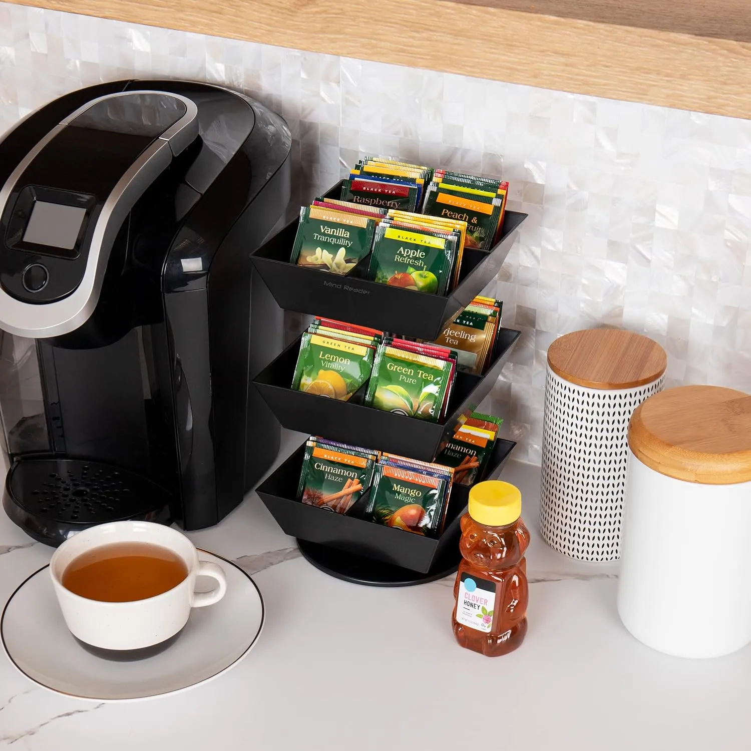 Mind Reader Tea Bag Carousel, 3-Tier 12-Compartment Countertop Organizer, 6.75" L x 6.75" W x 11.5" H, Black