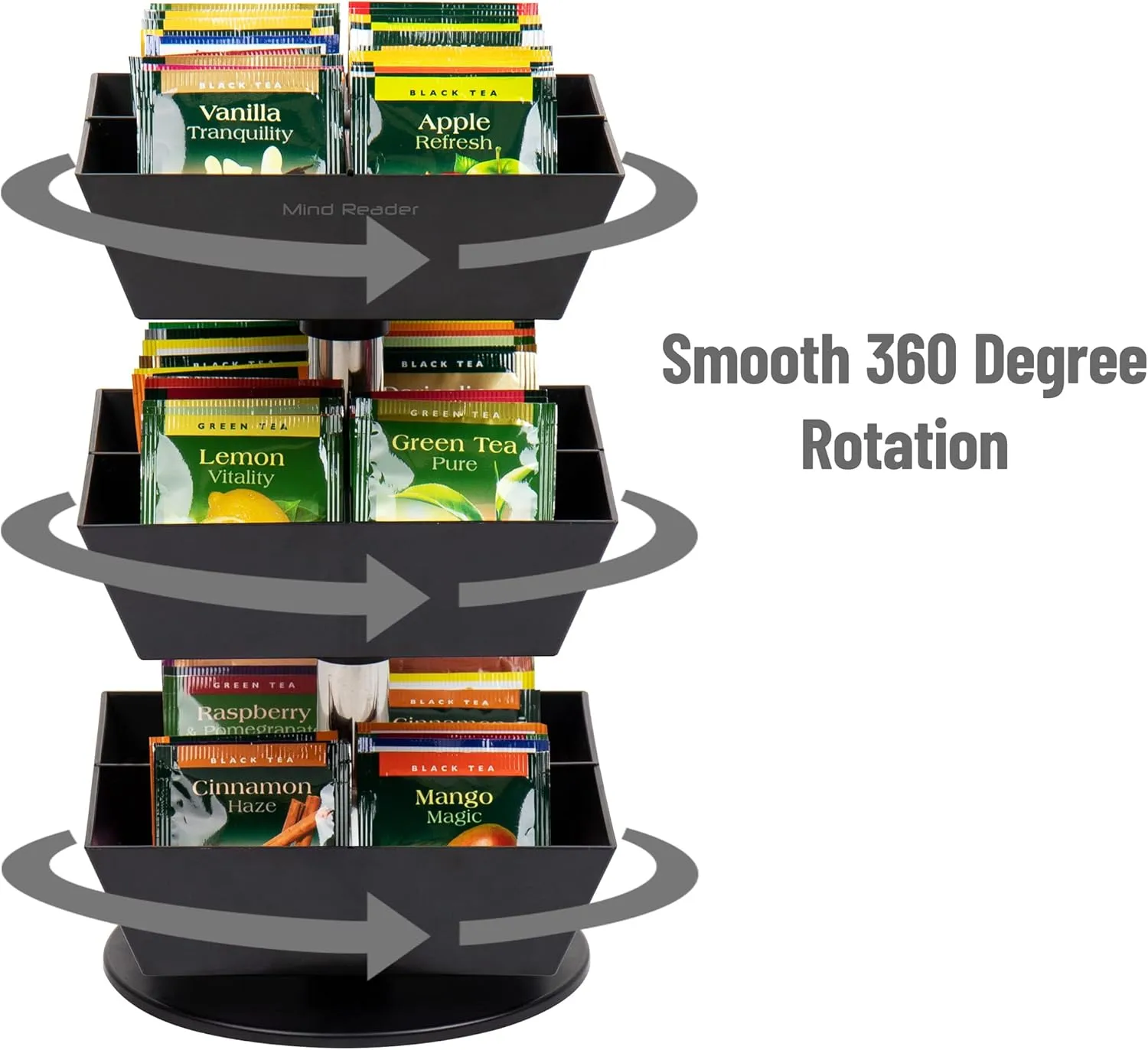 Mind Reader Tea Bag Carousel, 3-Tier 12-Compartment Countertop Organizer, 6.75" L x 6.75" W x 11.5" H, Black