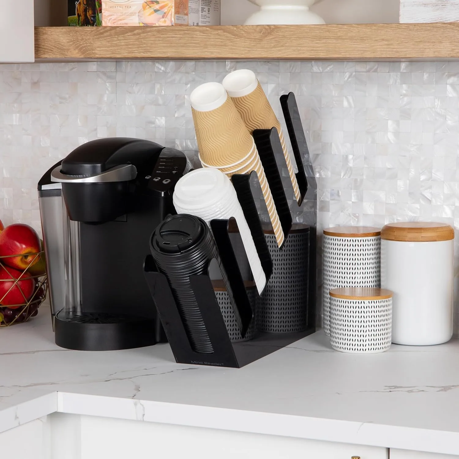 Mind Reader Cup and Lid Dispenser, Countertop Org, Coffee Bar, 4"L x 18"W x 16"H, Black Acrylic