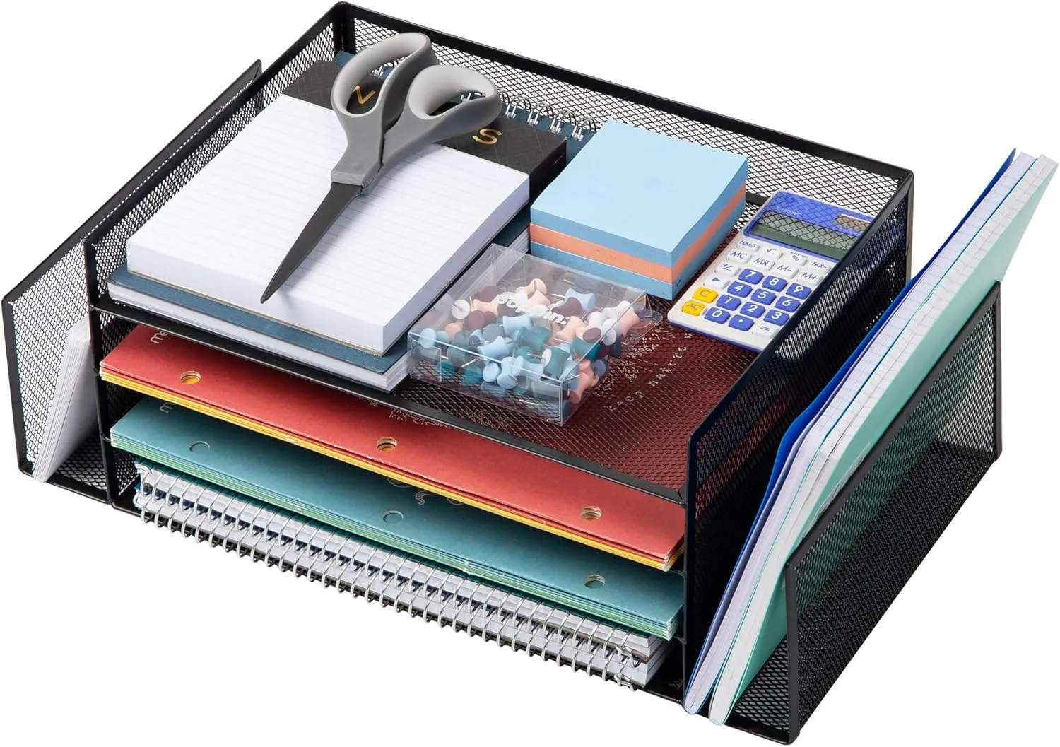 Mind Reader 4-Tier 6-Compartment Metal Mesh Desktop Organizer, 16.75"L x 9.15"W x 6"H, Black