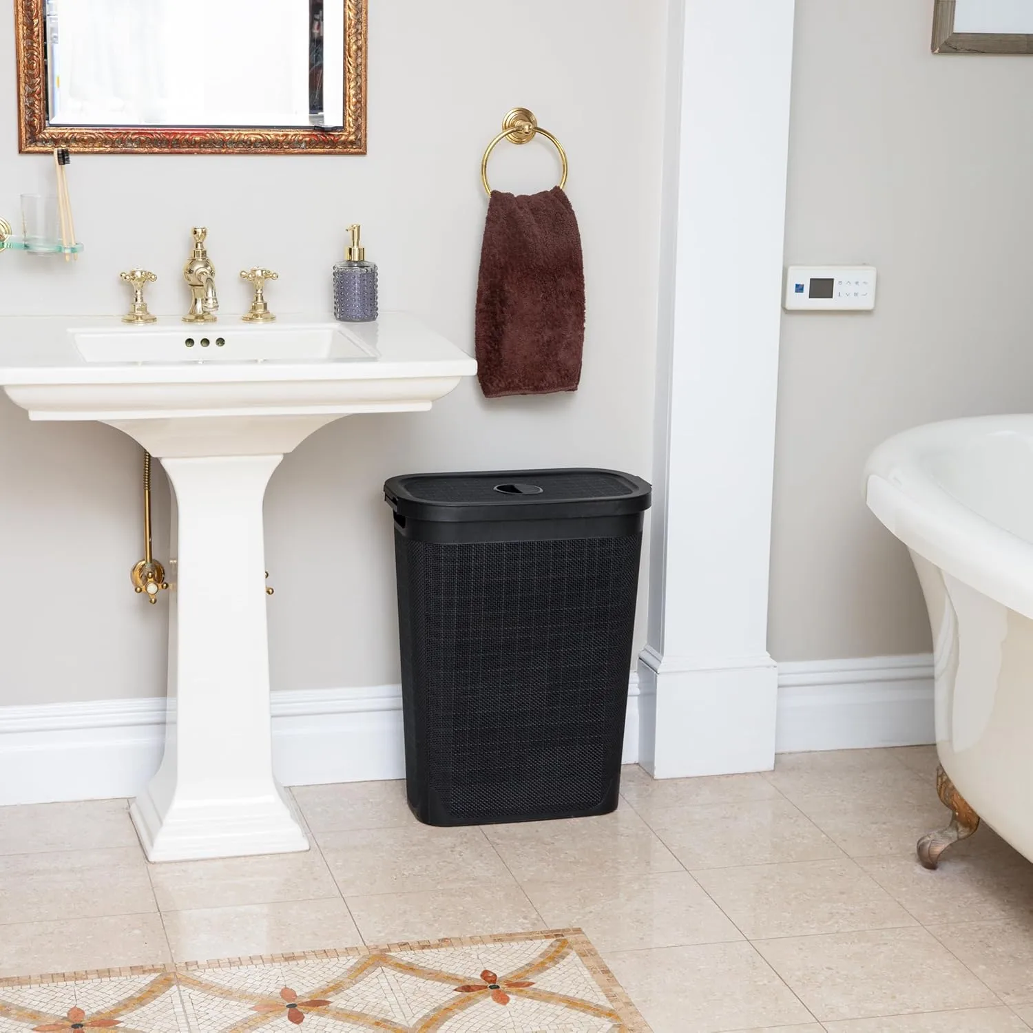 MIND READER Slim Laundry Hamper with Lid, 40L Linen Design Plastic