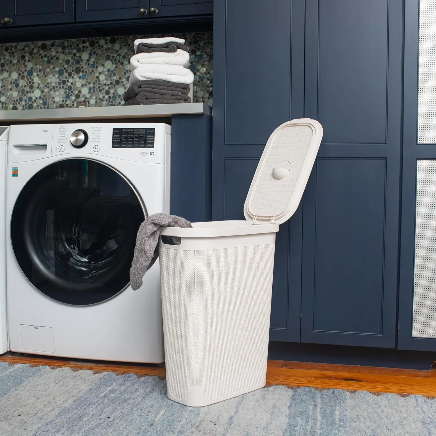 MIND READER Slim Laundry Hamper with Lid, 40L Linen Design Plastic