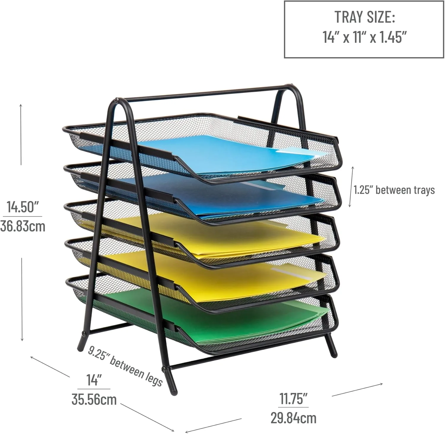 Mind Reader 5-Tier Paper Tray and 10 File Folders Desktop Organizer, 14-1/2inH x 14inW x 11-3/4inD, Black