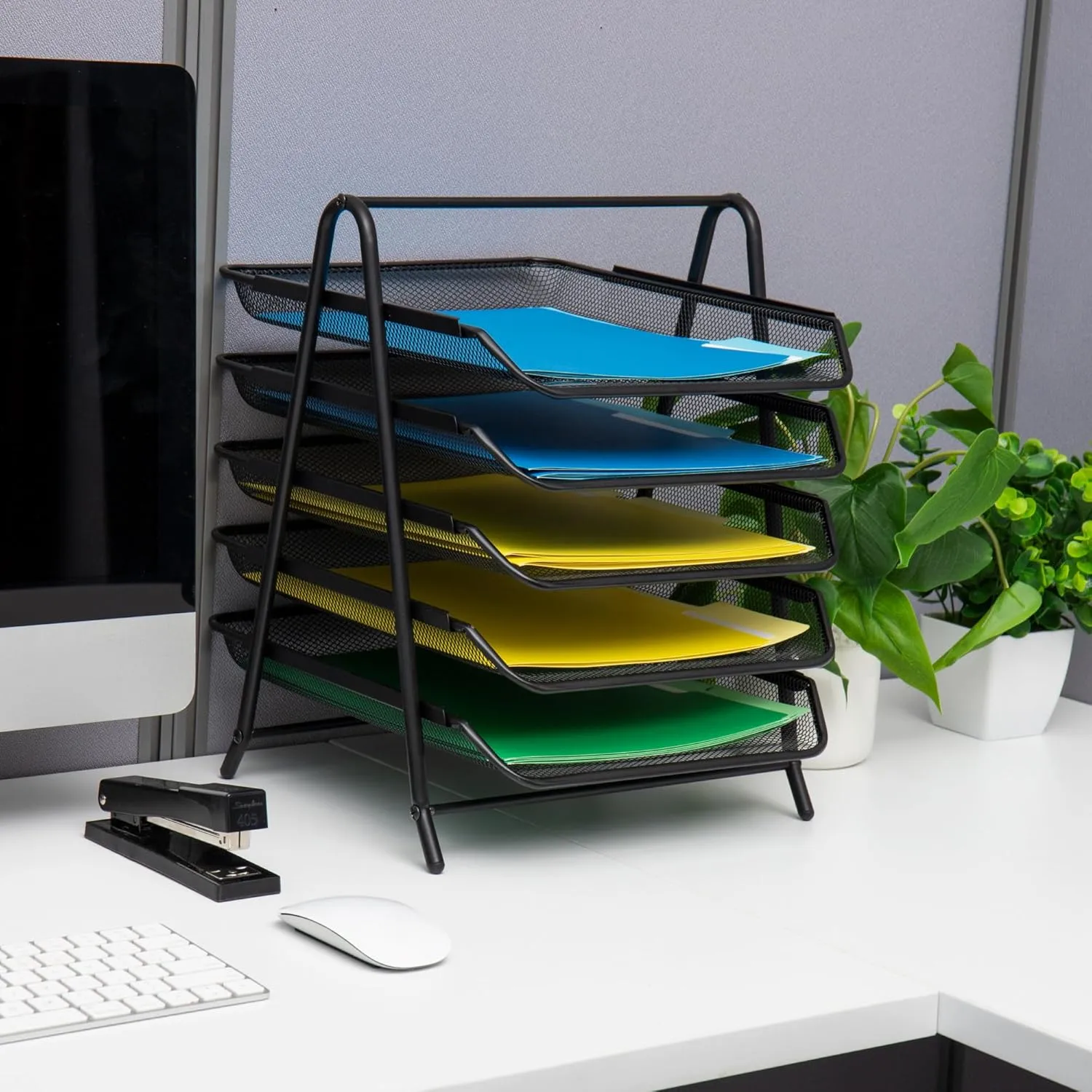 Mind Reader 5-Tier Paper Tray and 10 File Folders Desktop Organizer, 14-1/2inH x 14inW x 11-3/4inD, Black