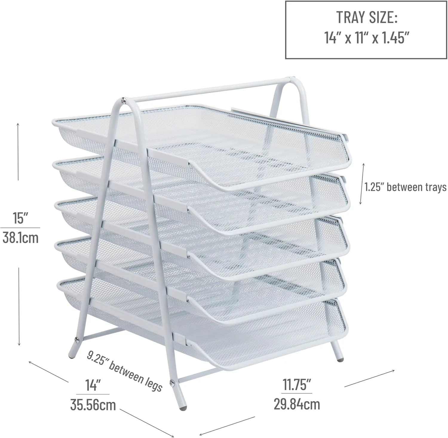 Mind Reader 5-Tier Paper Tray, Desktop Organizer, File Storage, Office, Metal Mesh, 11.75" L x 14" W x 14.5" H, White