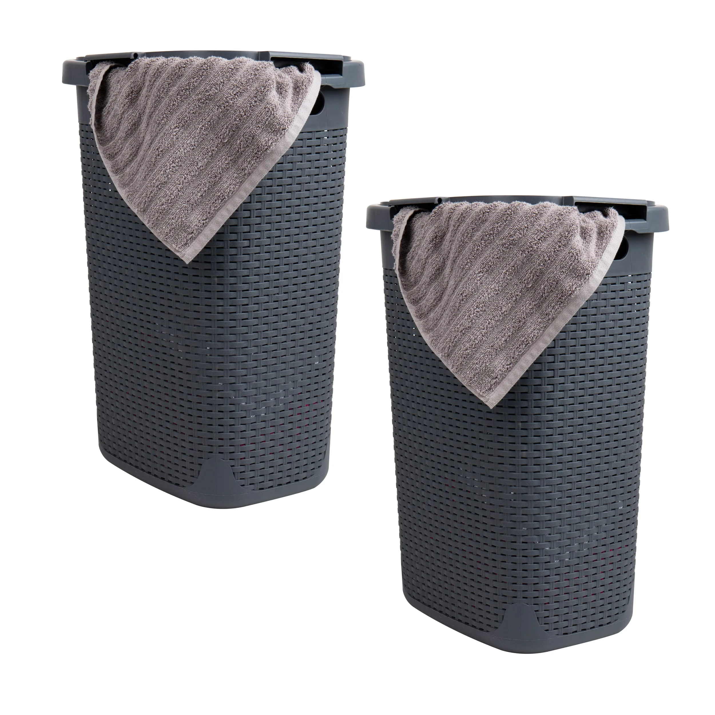 MIND READER Slim Laundry Hamper with Lid, 60L Wicker-Style Plastic